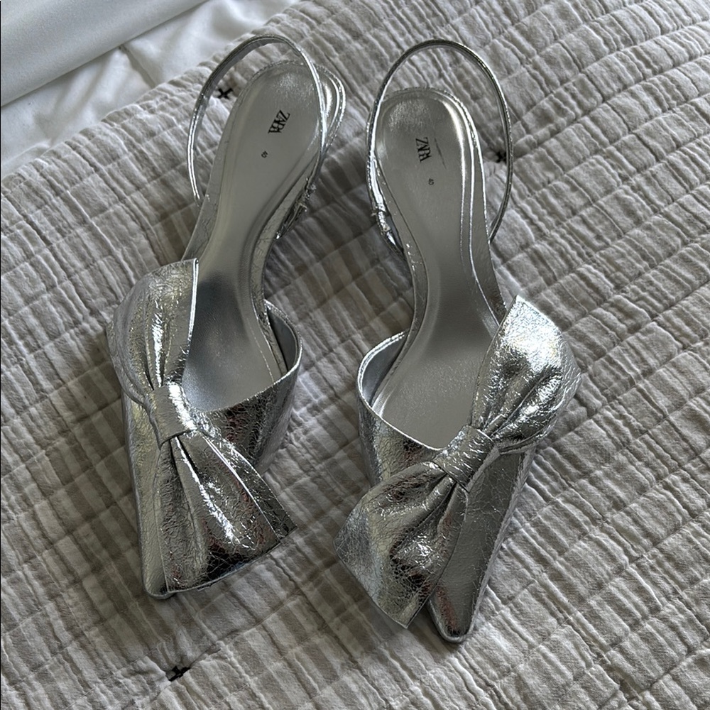 Zara Silver Slingback Kitten Heels - Size 40